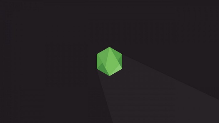 Green geometric logo on dark background