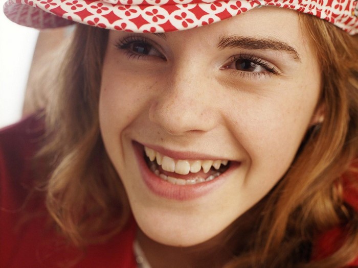 Emma Watson Smiling with Red Hat Close-Up