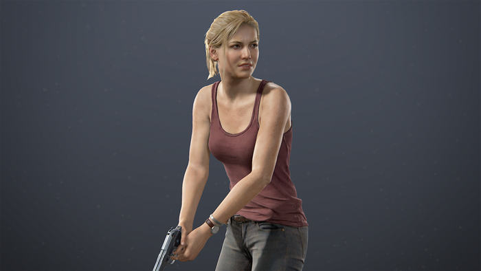 Chloe Frazer from Uncharted 4: A Thief's End holding a pistol