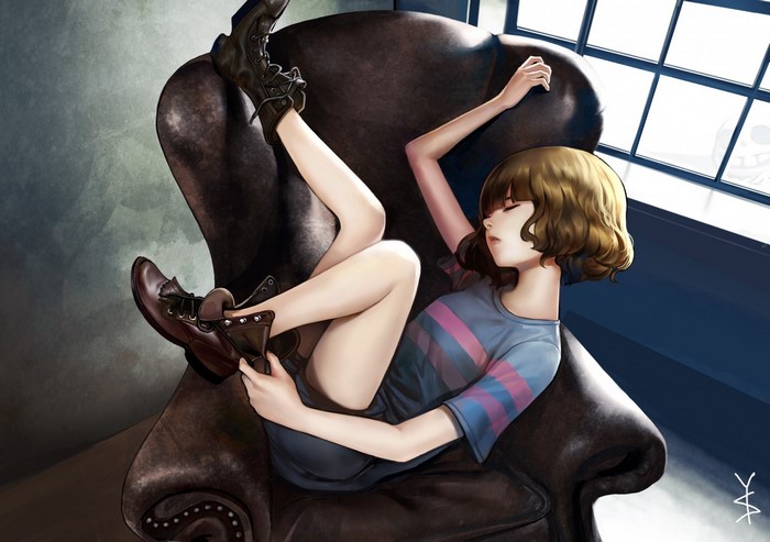 Frisk from Undertale sitting on a chair