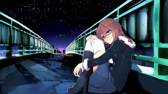 Anime girl with glasses on a bridge at night