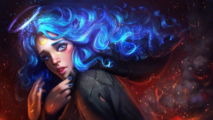 Woman with blue hair and moon symbol