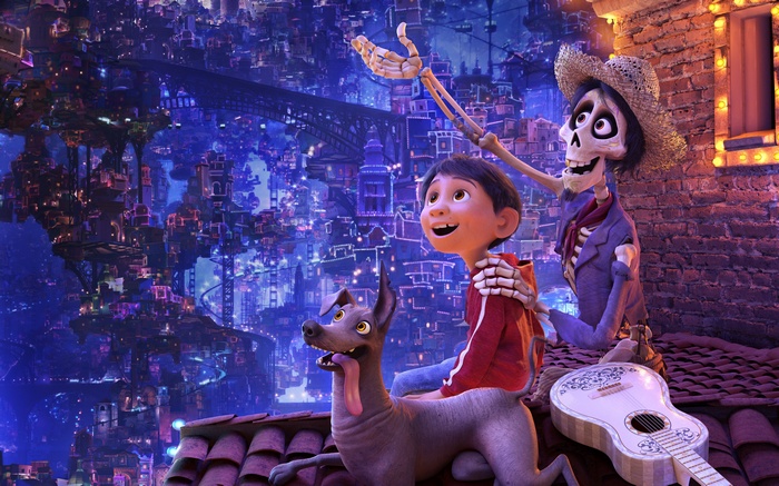 Miguel and Hector from Coco with Xolo dog and guitar