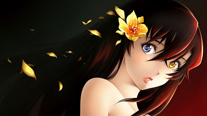 Anime girl with black hair and heterochromia wearing a flower