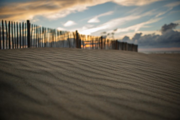 Sand dunes and fence at sunset