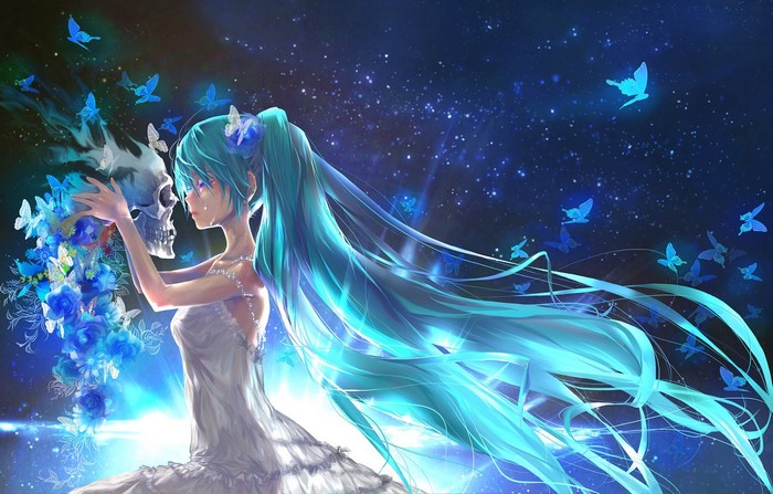 Hatsune Miku with Skull and Blue Butterflies