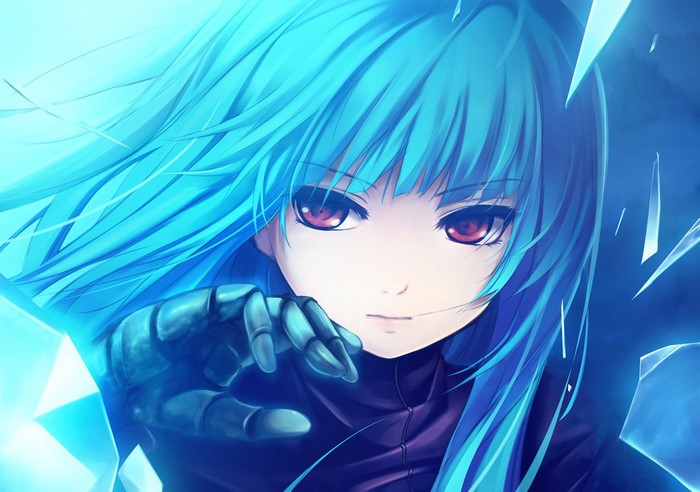 Anime girl with blue hair and red eyes