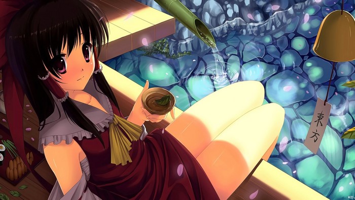 Anime girl with black hair drinking tea by a stream