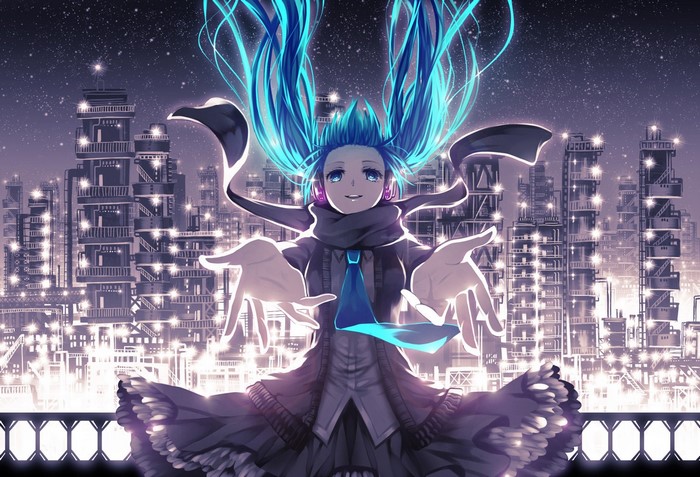 Hatsune Miku in a futuristic city at night