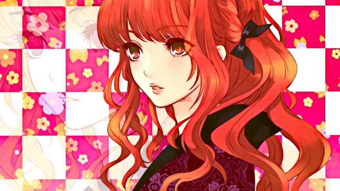 Anime girl with long red hair and black bow