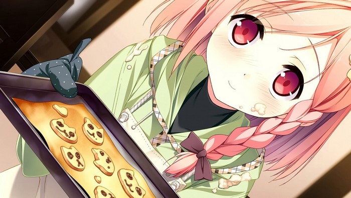 Anime girl with pink hair baking cookies