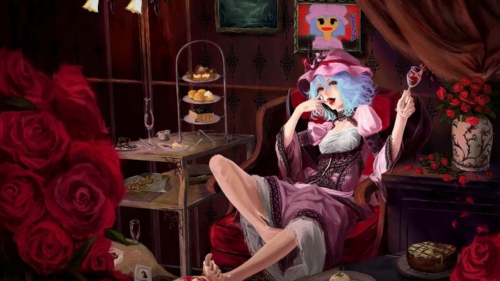 Remilia Scarlet from Touhou with blue hair and a pink hat