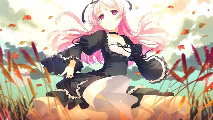Anime girl with pink hair in a black dress