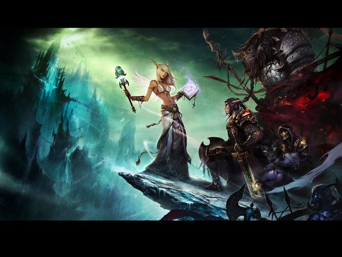 Elven sorceress and warriors in a dark fantasy landscape
