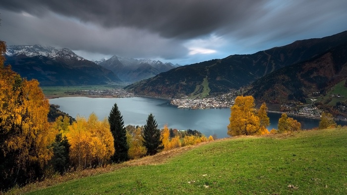 Autumn landscape with lake and mountains