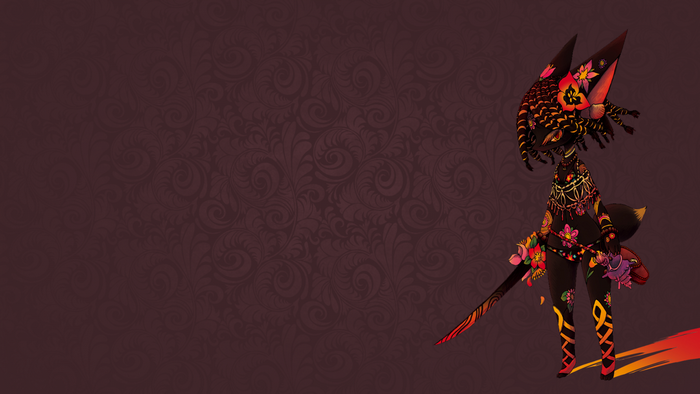 Anthropomorphic fox warrior with sword and floral patterns