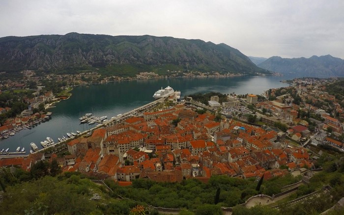 Kotor Town, Montenegro: Aerial View of Bay and Mountains