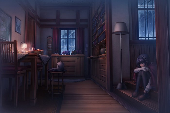 Anime interior scene with a girl by the window