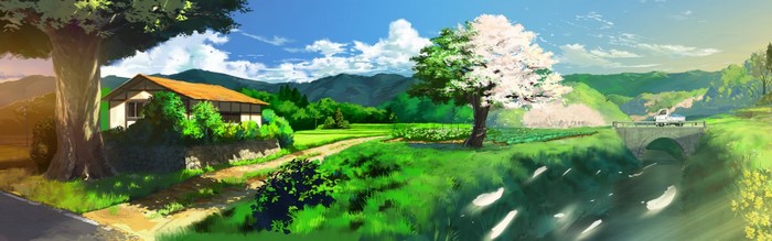 Anime landscape with a house, cherry blossom tree, and a bridge