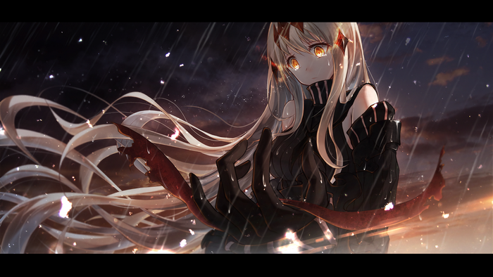 Anime girl with long blonde hair in the rain