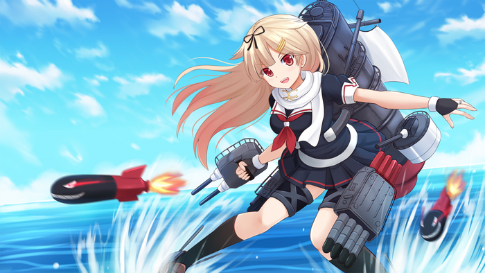 Yuudachi KanColle from Kantai Collection firing torpedoes