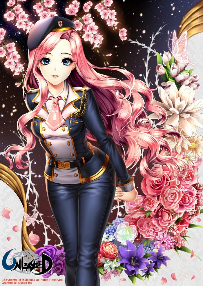 Anime girl with pink hair in uniform with flowers