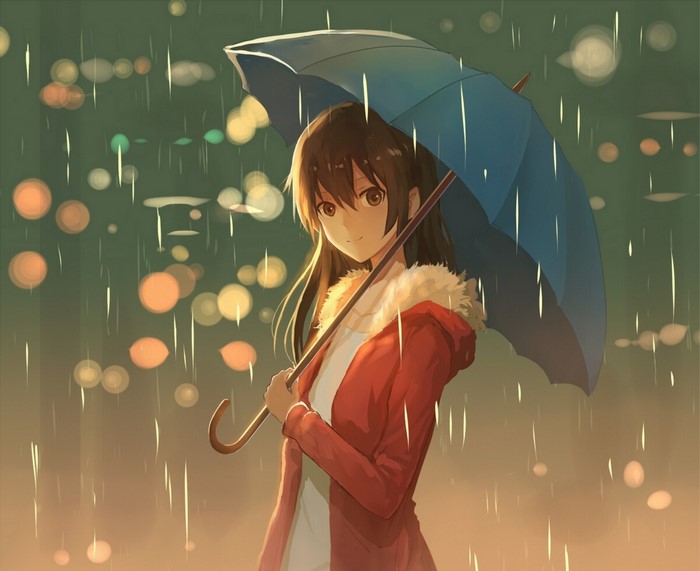 Anime girl with umbrella in the rain