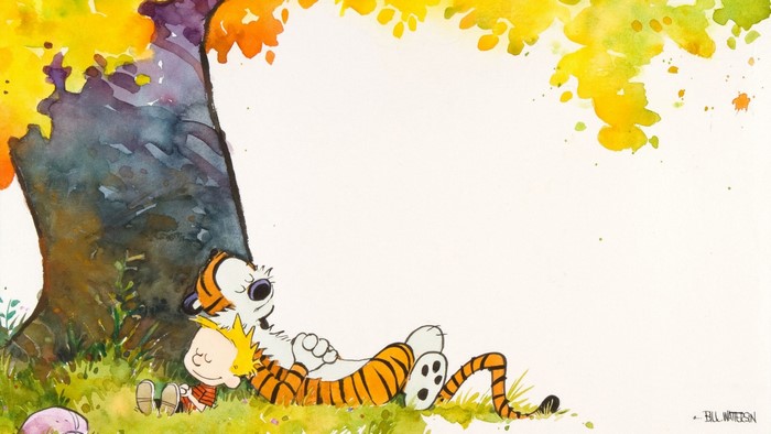 Calvin and Hobbes resting under a tree in autumn