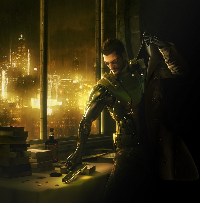 Adam Jensen from Deus Ex holding a gun