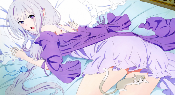Emilia from Re: Zero in bed with a cat