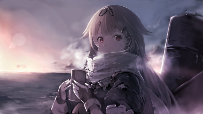 Anime girl with red eyes holding a mug