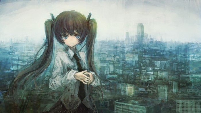 Anime girl with pigtails in a city