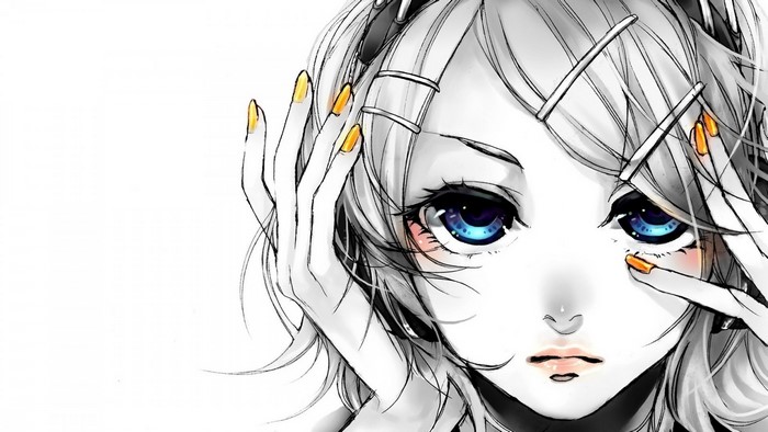 Anime girl with blue eyes and yellow nails