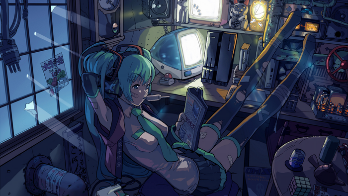 Hatsune Miku in a cluttered room with retro computers