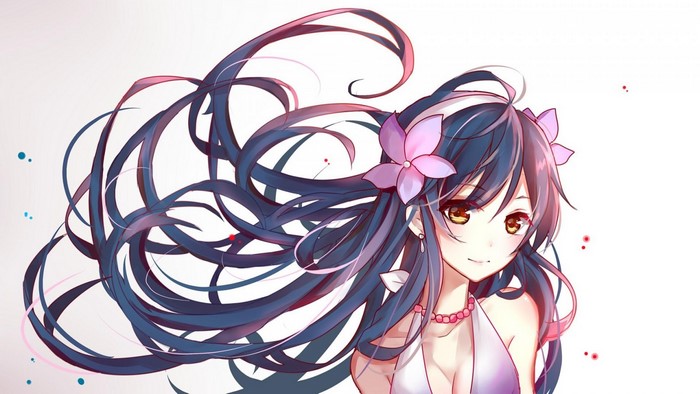 Anime girl with long dark hair and flowers