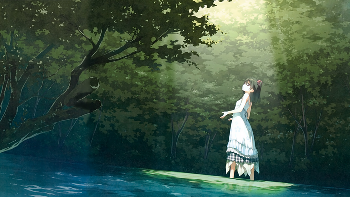 Girl in white dress by the water in a forest