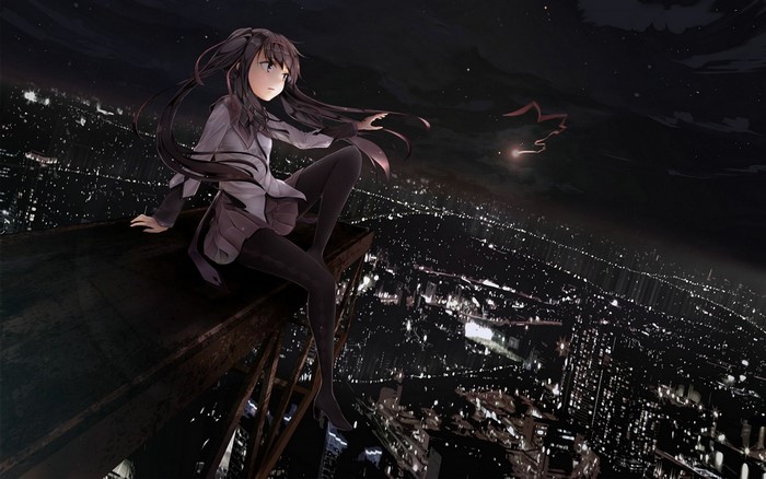 Akemi Homura sitting on a building at night