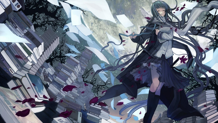 Anime girl with long hair surrounded by books and papers