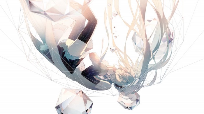 Hatsune Miku falling amidst geometric shapes and light