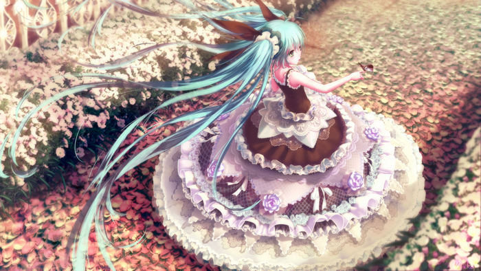 Hatsune Miku in a Lolita dress in a garden