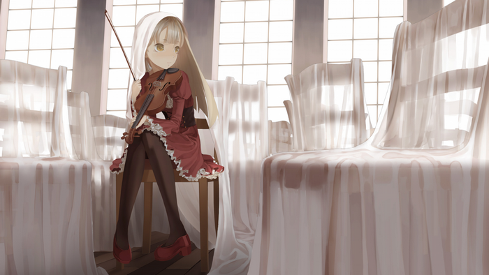 Anime girl in red dress playing violin