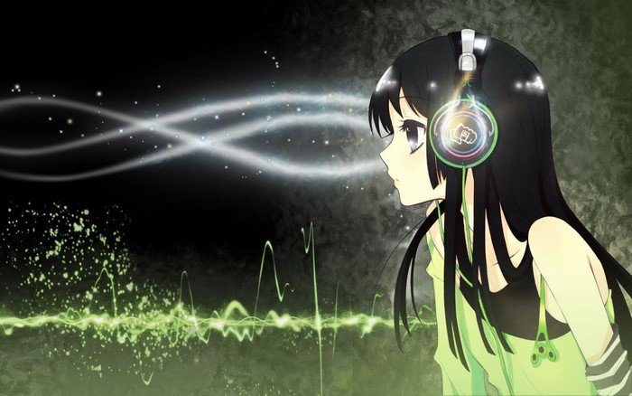 Anime girl with headphones listening to music
