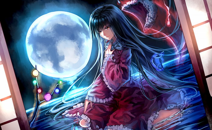 Anime girl in red dress under the moon