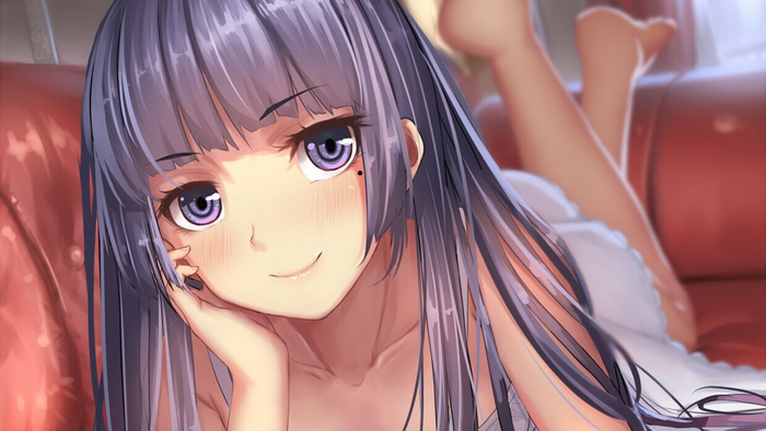 Anime girl with purple hair lying on a couch