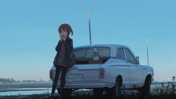 Girl drinking coffee next to a vintage car