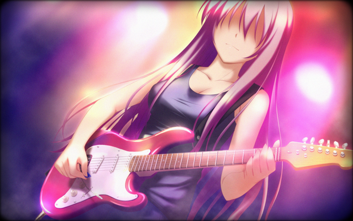 Anime girl playing a pink electric guitar on stage
