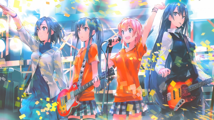 Anime girls performing on stage with confetti