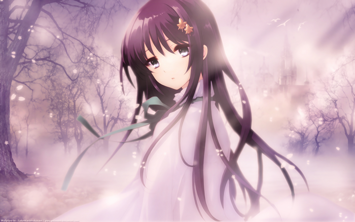 Anime girl with purple hair in a misty forest