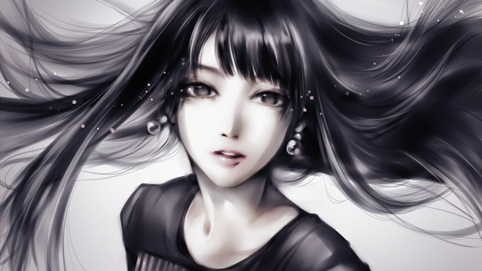 Anime girl with long black hair and earrings