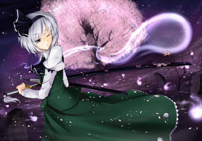 Anime girl with swords under cherry blossom tree